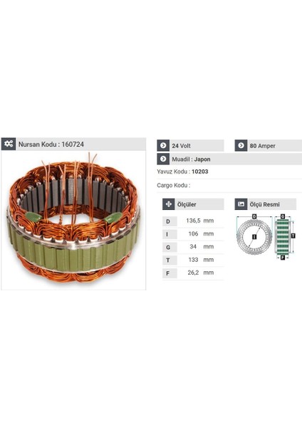 24V ALTERNATÖR STATÖR MITSUBISHI TİPİ 80 A FORD CARGO