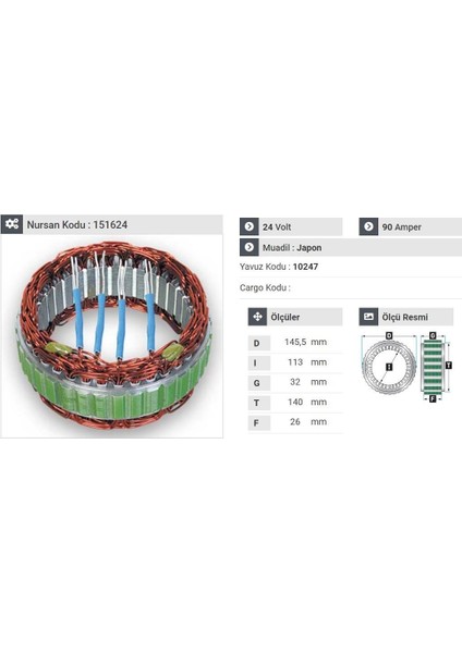 24V ALTERNATÖR STATÖR MITSUBISHI TİPİ 90 A (4 UÇLU) DAF-IVECO-RENAULT-SCANIA-VOLVO