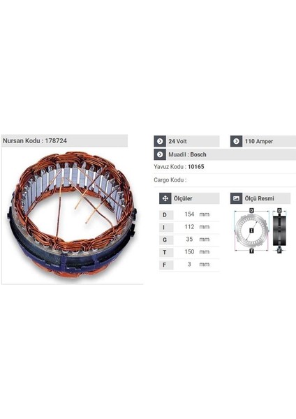 24V ALTERNATÖR STATÖR BOSCH TİPİ 110 A (6 UÇLU-TIRNAKLI) (YÜKSEK SARGI)