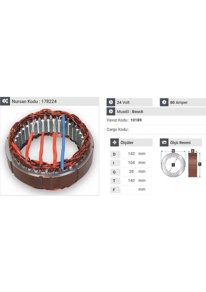 24V ALTERNATÖR STATÖR BOSCH TİPİ 80 A (4 UÇLU) (ÇİFT TEL)