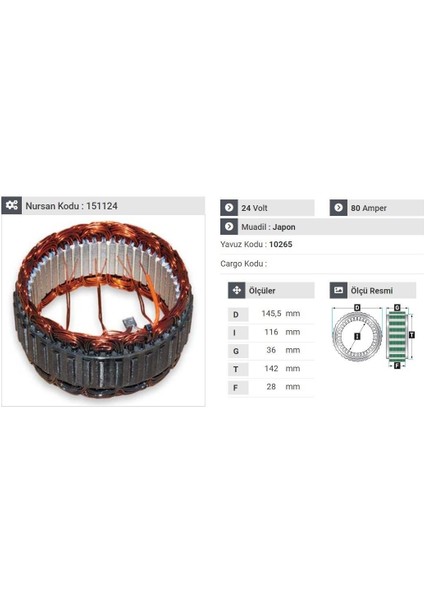 24V ALTERNATÖR STATÖR 80 A (4 UÇLU) (KLİMALI) ISUZU CHAMPION TURKUAZ