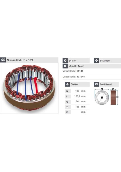 24V ALTERNATÖR STATÖR BOSCH TİPİ 55 A (4 UÇLU)