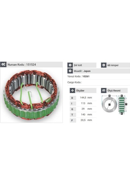 24V ALTERNATÖR STATÖR MITSUBISHI TİPİ 60 A (3 UÇLU) HYUNDAI HD 77 KAMYON