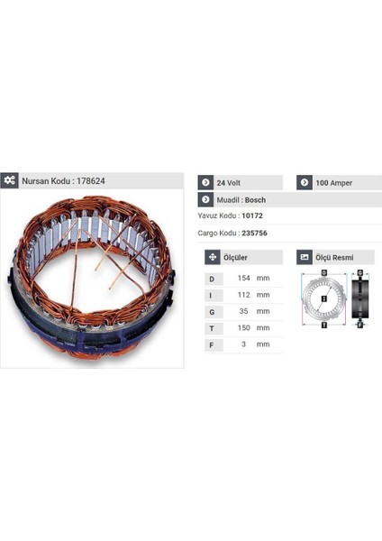 24V ALTERNATÖR STATÖR BOSCH TİPİ 100 A (6 UÇLU-TIRNAKLI) (ALÇAK SARGI)