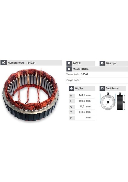 24V Alternatör Statör Delco Tipi 70 A (3 Uçlu) 24SI Cummıns Motor