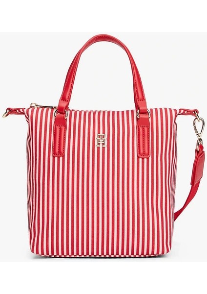 Kanvas Tote Kırmızı Kadın Çizgili Çanta