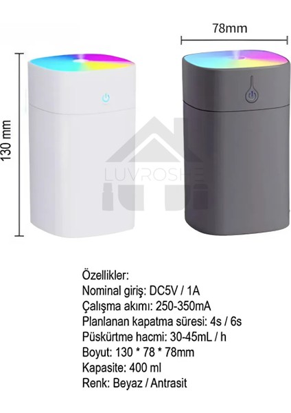 YENİ ŞARJLI H2O Şarjlı Humidifier 400 ml Ultrasonik Hava Nemlendirici Buhar Makinesi ve Aroma Difüzörü H2O