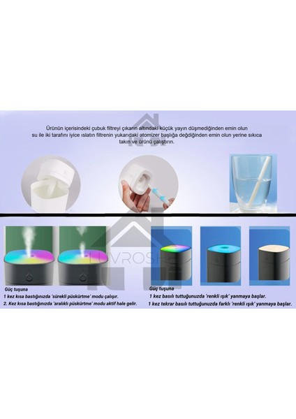 YENİ ŞARJLI H2O Şarjlı Humidifier 400 ml Ultrasonik Hava Nemlendirici Buhar Makinesi ve Aroma Difüzörü H2O