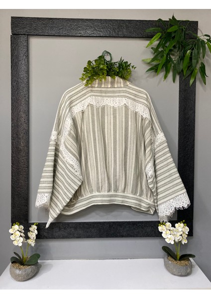 Özel Tasarım Çizgili Keten Kumaş Dantel Detaylı Bohem Kimono modelleri