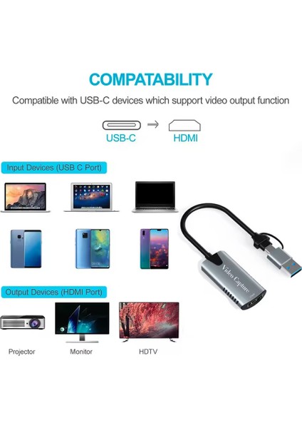 HU04A Type-C / USB A To 4K 60Hz 1080P HDMI Video Capture Yakalama Hub Adaptör