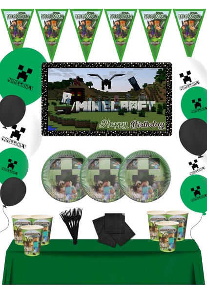 Mınecraft Afişli Minecraft 8 Kişilik Doğum Günü Seti