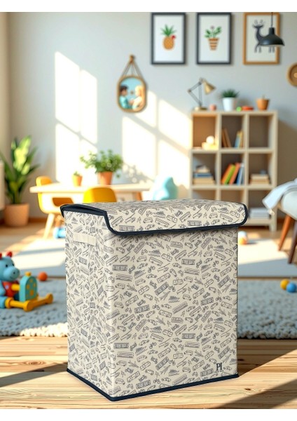 Vehicle Büyük Boy Kapaklı Kirli Çamaşır Oyuncak Düzenleyici Saklama Kutusu Sepeti 40 x 50 x 30