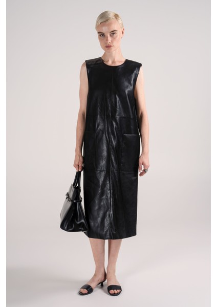 Düz Kalıp Kolsuz Midi Deri Elbise