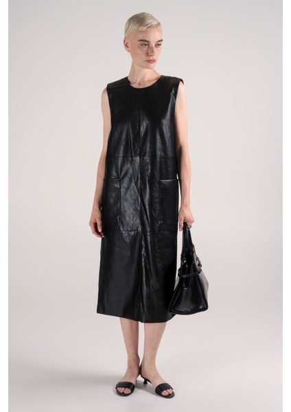 Düz Kalıp Kolsuz Midi Deri Elbise modelleri