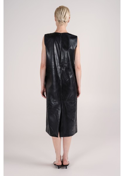 Düz Kalıp Kolsuz Midi Deri Elbise fırsatları