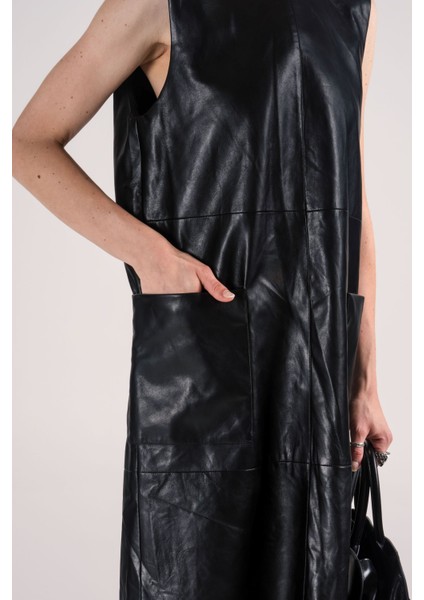 Düz Kalıp Kolsuz Midi Deri Elbise indirimleri