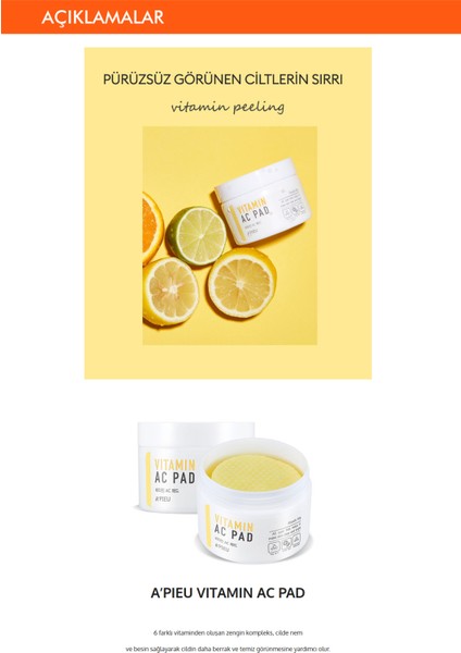 Vitamin İçerikli Canlandırıcı Pürüzsüzleştirici Pamuk Ped (35ad) A'PIEU Vitamin AC Pad modelleri