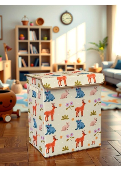 Wild Animals Büyük Boy Kapaklı Kirli Çamaşır Oyuncak Düzenleyici Saklama Kutusu Sepeti 40 x 50 x 30
