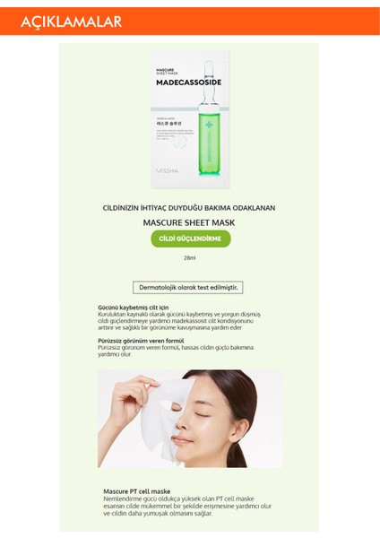Hassas ve Kuru Ciltler İçin Madecassoside İçerikli Yaprak Maske Mascure Rescue Solution Sheet Mask