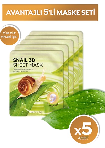Salyangoz Salgısı Özü İçeren Nemlendirici 3D Yaprak Maske Seti 5’li Snail 3D Yaprak Maske Seti