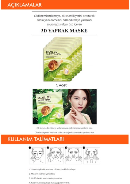 Salyangoz Salgısı Özü İçeren Nemlendirici 3D Yaprak Maske Seti 5’li Snail 3D Yaprak Maske Seti