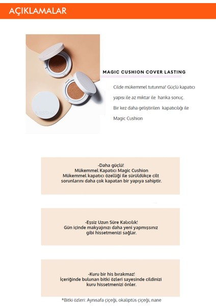 Yarı Mat Görünümlü Uzun Süre Kalıcı Cushion Fondöten Magic Cushion Cover Lasting SPF50+/PA+++ No.21 fiyatları