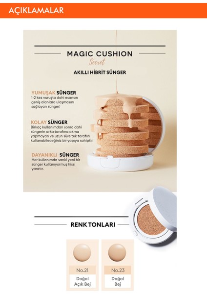 Yarı Mat Görünümlü Uzun Süre Kalıcı Cushion Fondöten Magic Cushion Cover Lasting SPF50+/PA+++ No.21 modelleri