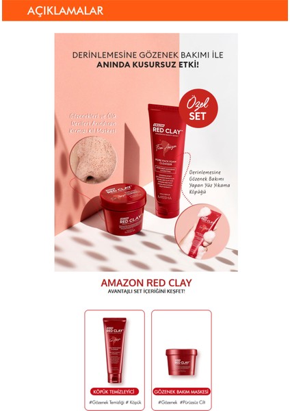 Gözenekli Ciltler İçin Amazon Kili Maske ve Temizleyici Set (110ml+120ml) Amazon Red Clay Pore