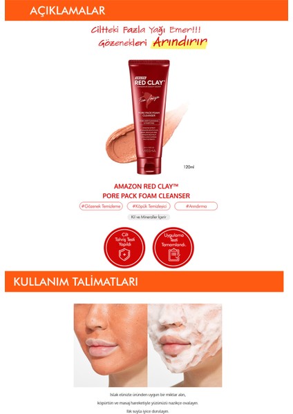 Gözenekli Ciltler İçin Amazon Kili Maske ve Temizleyici Set (110ml+120ml) Amazon Red Clay Pore