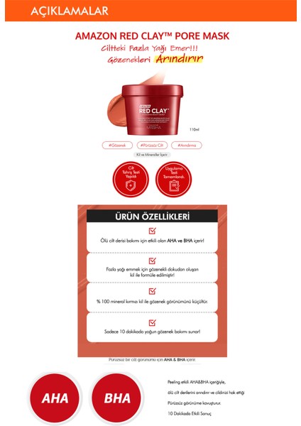 Gözenekli Ciltler İçin Amazon Kili Maske ve Temizleyici Set (110ml+120ml) Amazon Red Clay Pore