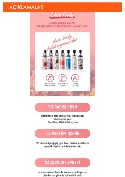 Gün Boyu Kalıcı Çok Amaçlı Saç & Vücut Spreyi Dare Body Mist (Flower Market)