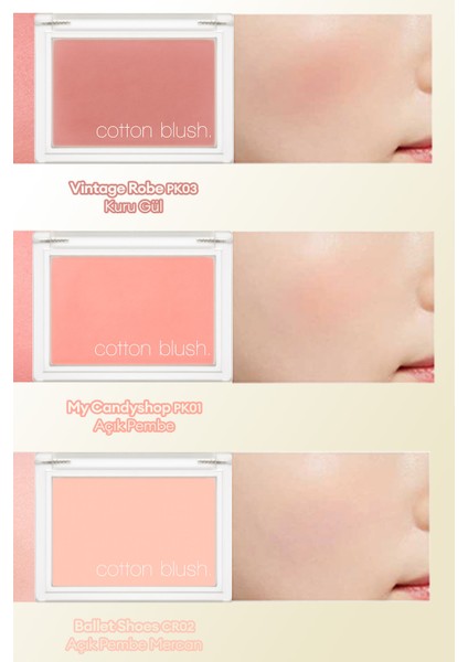 Gün Boyu Kalıcı, Ciltle Bütünleşen, Kadife Dokulu Topaklanmayan Allık Cotton Blusher (Vintage Robe) modelleri
