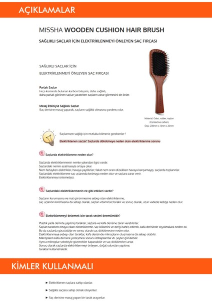 Elektriklenmeyi Önleyen Ahşap Saç Fırçası Wooden Cushion Hair Brush (Medium)