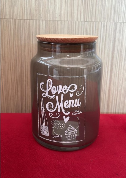 Love Menu Desenli Gri Cam Kavanoz 890 ml