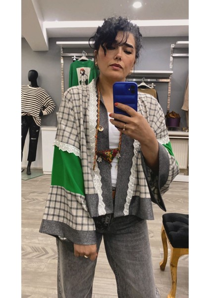 Özel Tasarım Dantel Detaylı Ekoseli Bohem Kimono