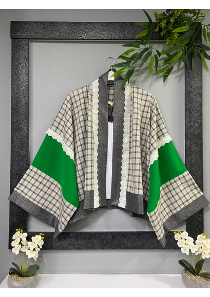Özel Tasarım Dantel Detaylı Ekoseli Bohem Kimono