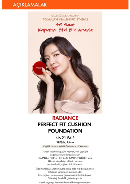 Mat Bitişli ve Kalıcı Cushion Fondöten Radiance Perfect Fit Cushion Foundation No21 Fairy SPF50