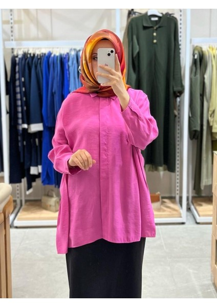 Oversize Düğmeli Gömlek Fuşya 3001