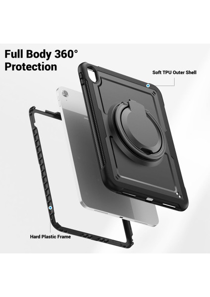 Apple iPad Air 11inç M2 Kılıf Handle Ring Yüzüklü Amour Tank Case Fuji A2902 A2903 A2904 Siyah fırsatları