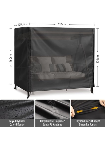 Bahçe Salıncak Koruma Örtüsü Üç Kişilik Tenteli Bahçe Salıncağı Kılıfı 210 x 125 x 170 cm Siyah