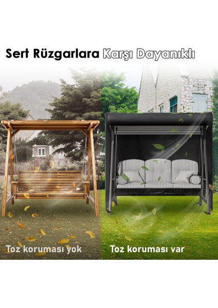 Bahçe Salıncak Koruma Örtüsü Üç Kişilik Tenteli Bahçe Salıncağı Kılıfı 210 x 125 x 170 cm Siyah