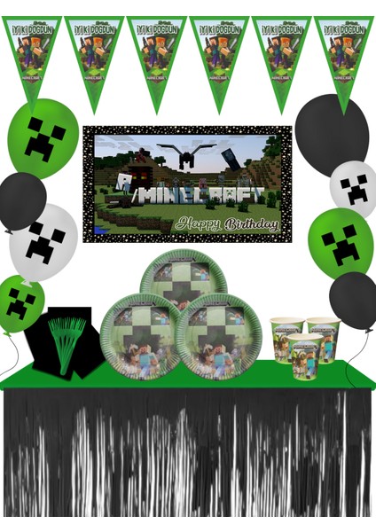 Mınecraft Metalize Masa Etekli Afişli 8 Kişilik Minecraft Doğum Günü Seti