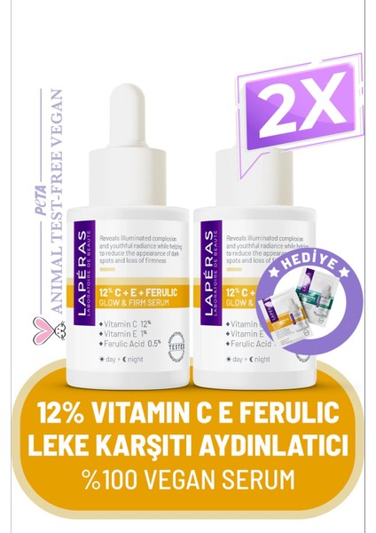 Aydınlatıcı 12% Vitamin C E Ferulic Hyaluronic Ton Eşitleyici Vegan Cilt Serumu 2'li Paket