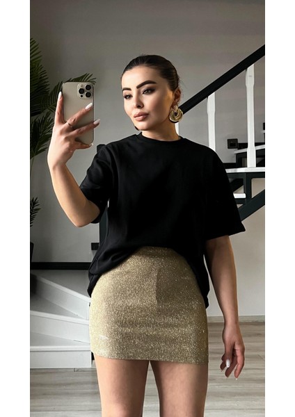 Gold Simli Şort Astarlı Mini Etek