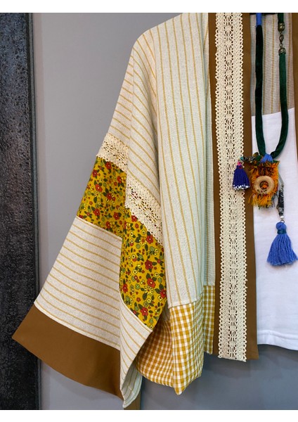 Özel Tasarım Çizgili Keten Kumaş Bohem Kısa Kimono