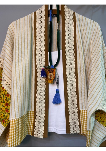 Özel Tasarım Çizgili Keten Kumaş Bohem Kısa Kimono modelleri