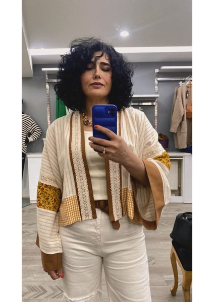 Özel Tasarım Çizgili Keten Kumaş Bohem Kısa Kimono fırsatları