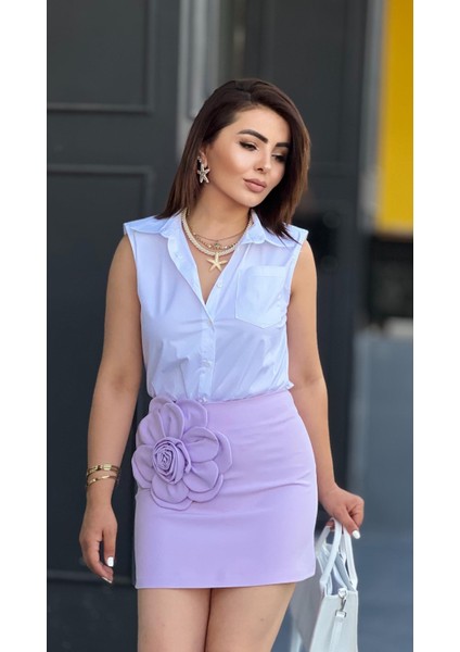 Lila Premium Çicek Detaylı Mini Etek