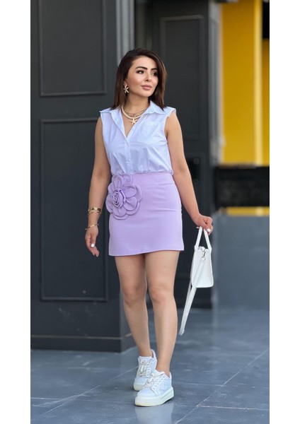 Lila Premium Çicek Detaylı Mini Etek modelleri