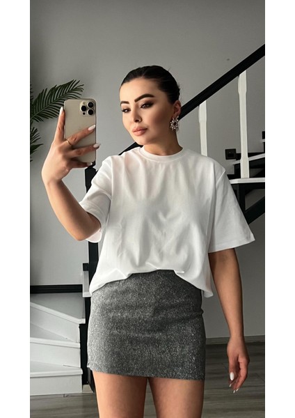 Gümüş Simli Şort Astarlı Mini Etek